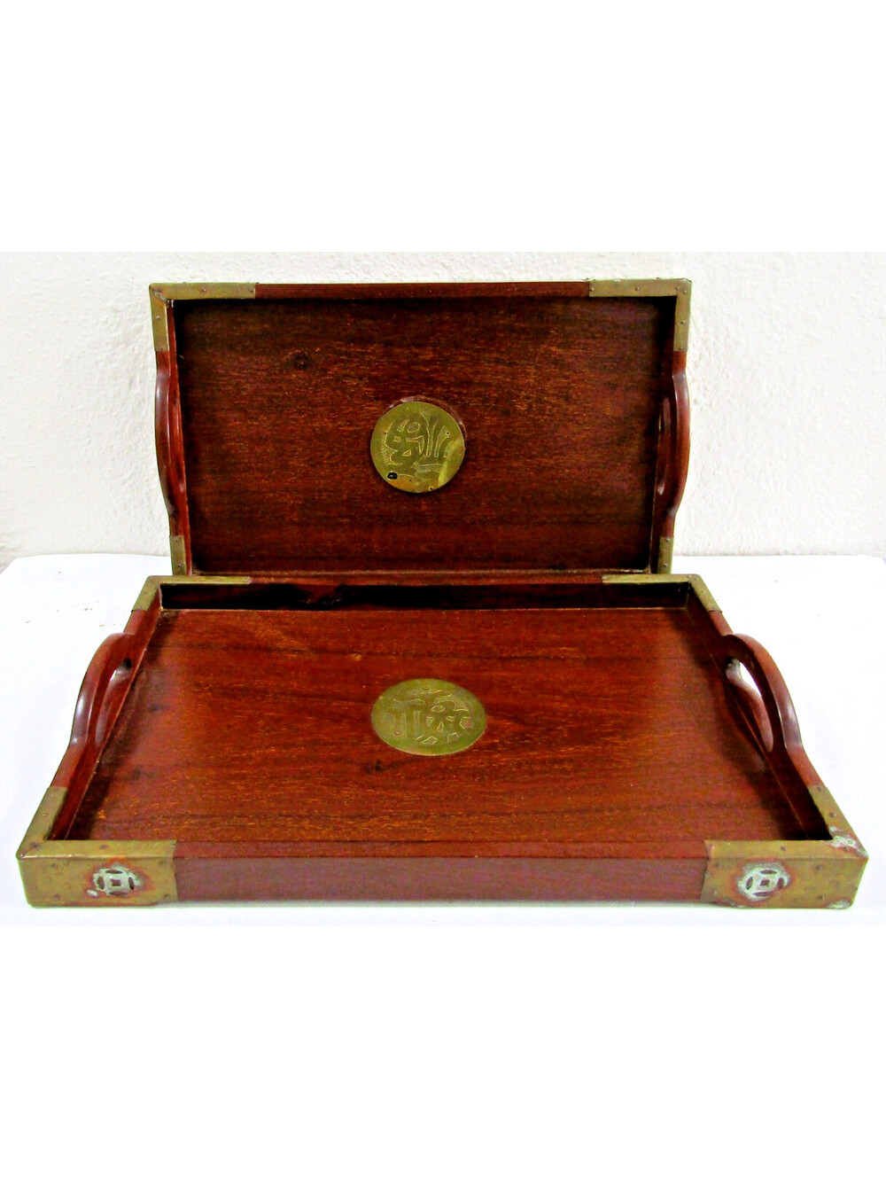 Mid-Century Modern Rosewood Two Nesting Asian Serving Trays Brass Corner